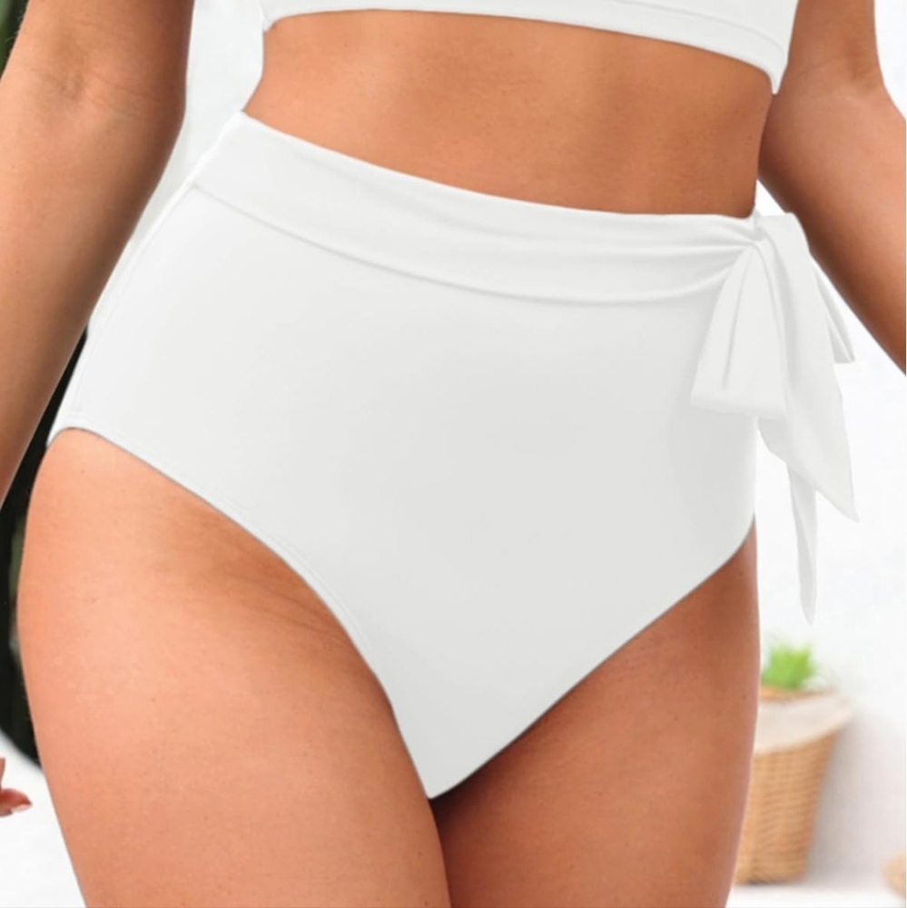 White High-Waisted Bikini Bottoms Full Coverage Tummy Control Side Tie Knot